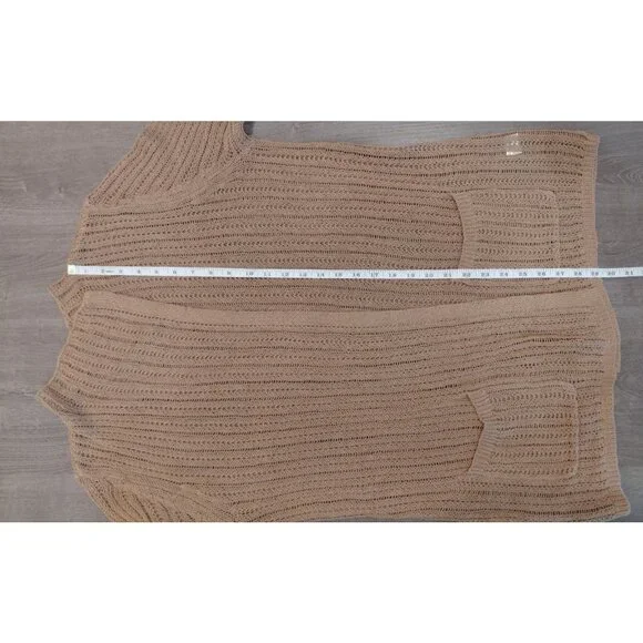 J. Jill Cotton Linen Open Front Cardigan Lg Tan Loose Knit Long Sleeves Pockets - Picture 10 of 10